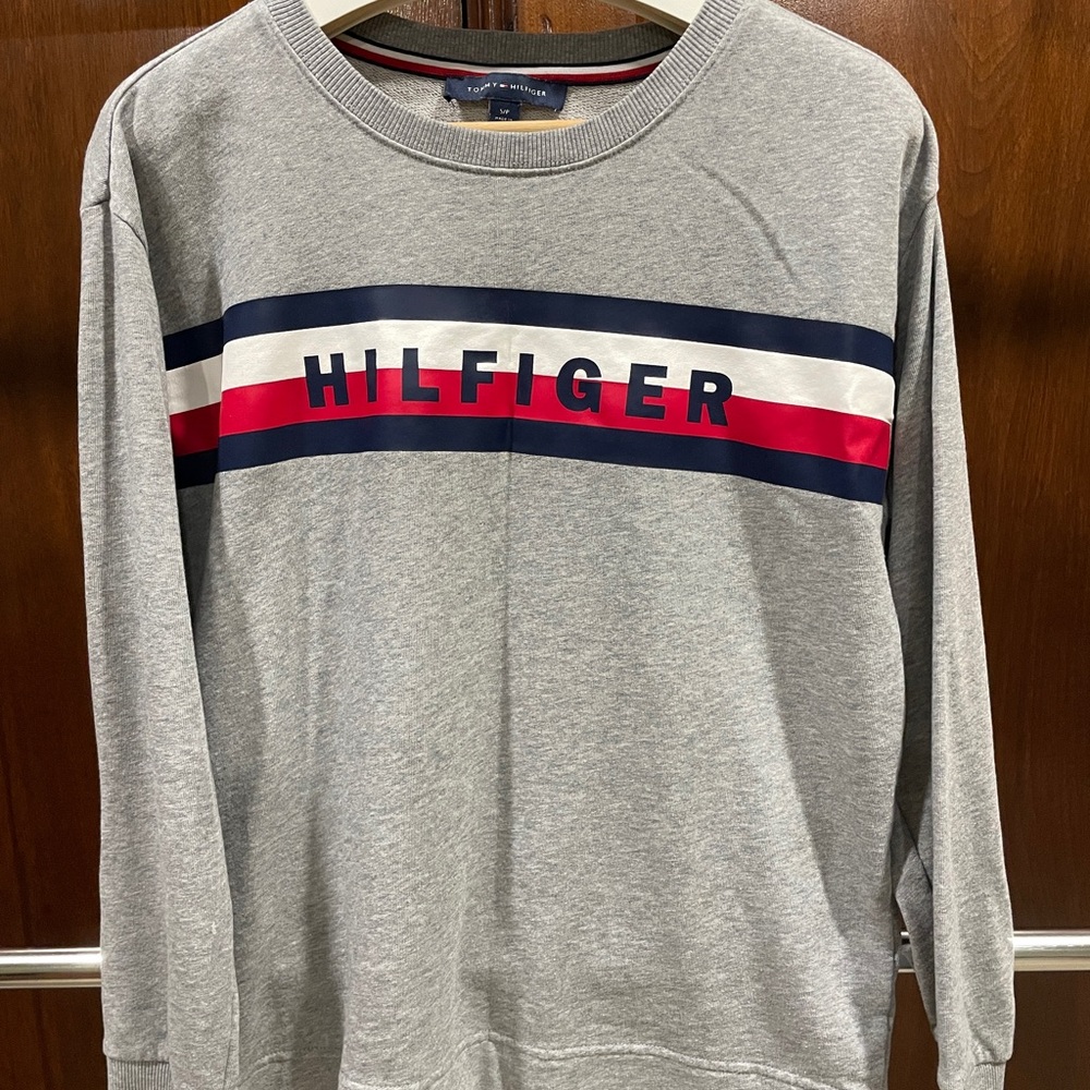 Tommy Hilfiger Gray Sweater with Red and Blue Details